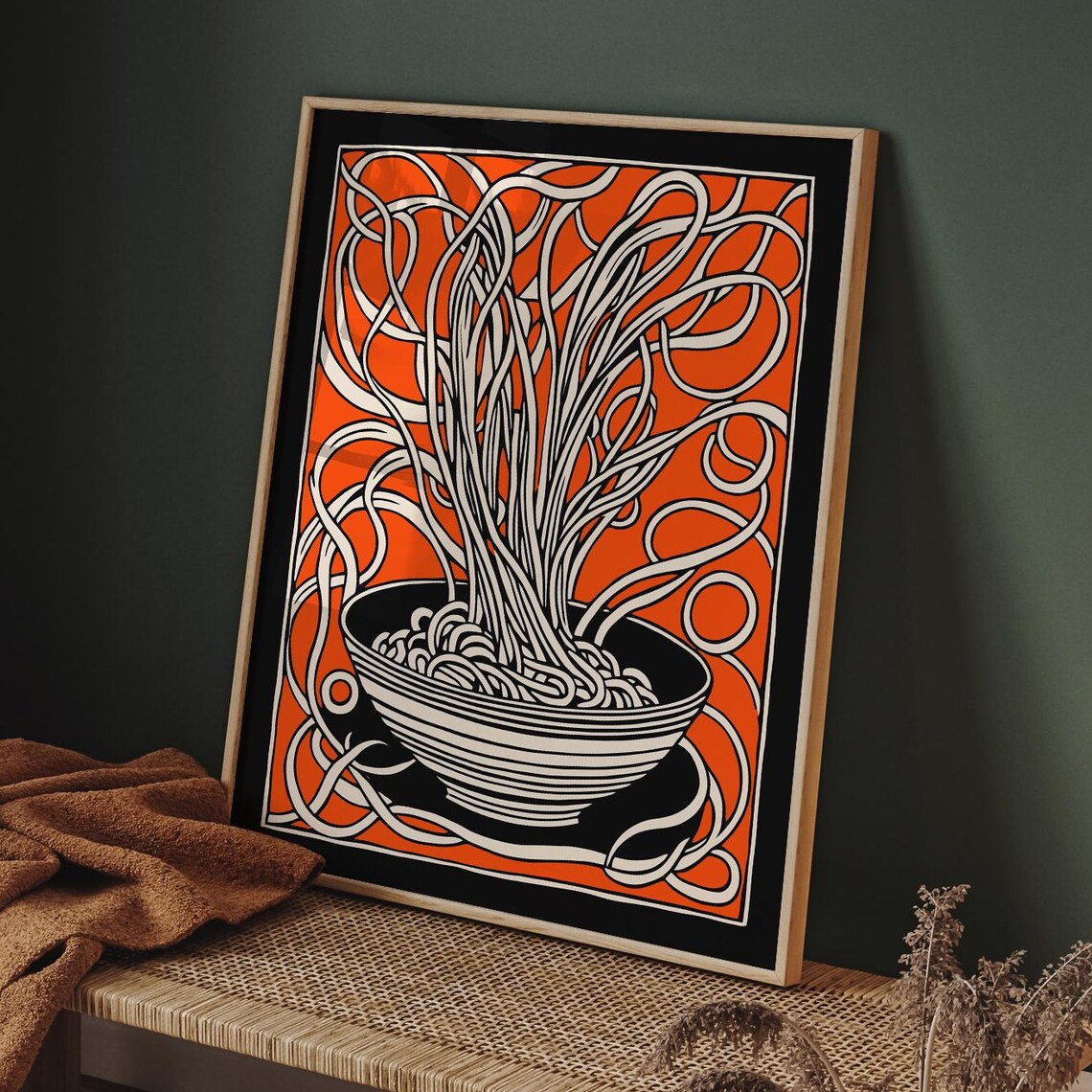 Abstract Orange Noodle Bowl Spaghetti Swirls Modern Foodie Art Poster