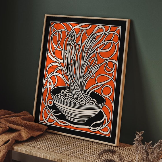 Vibrant Abstract Noodles Poste Modern Kitchen Wall Art Spaghetti Illustration Bold Orange And Black Foodie Decor For Dining Room Or Cafe