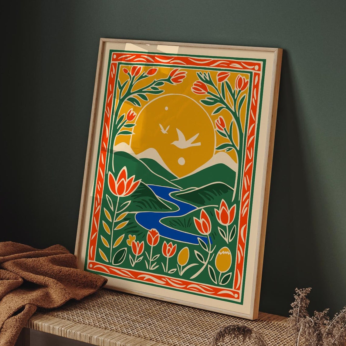 Folk Mountain River Golden Sunset Tulips Birds Spring Art Poster - Image 5