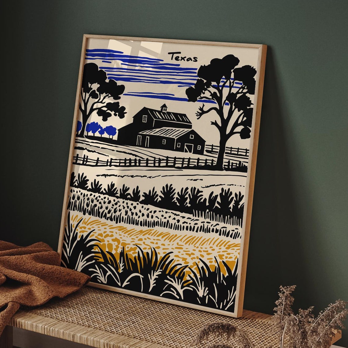 Texas Barn Black Ink Rural Landscape With Blue Fields Poster