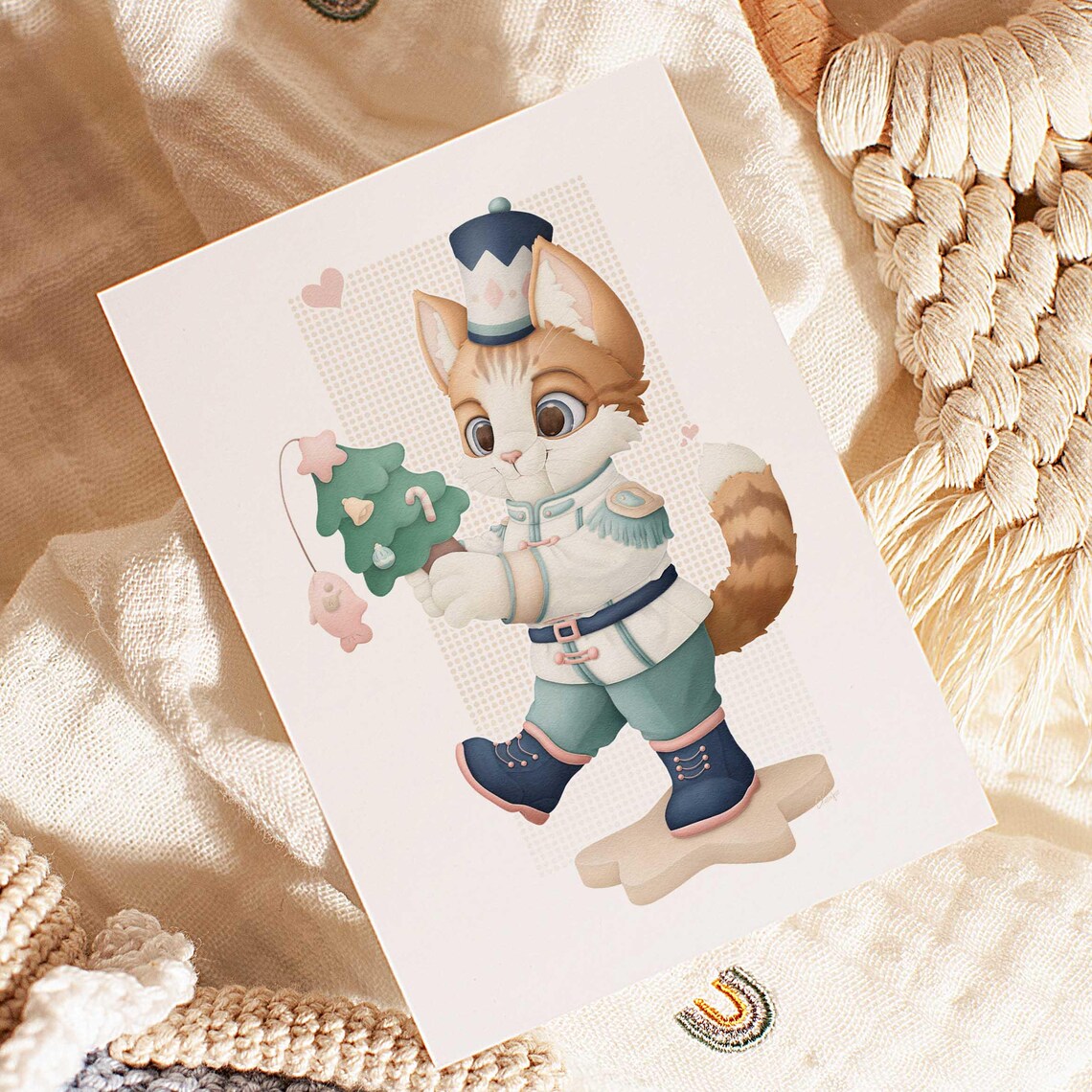 Cute Cat Nutcracker Holding Christmas Tree Adorable Holiday Postcard Print