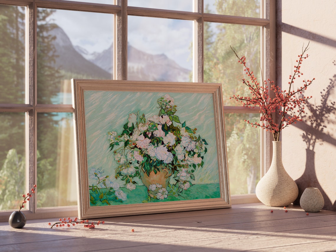 Van Gogh Roses White and Pink Blossoms Vase Impressionist Print - Image 4