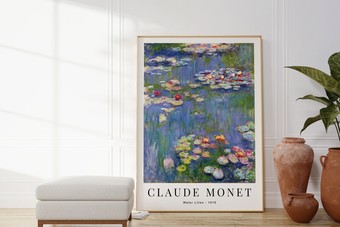 Claude Monet Water Lilies 1916 Red Pink Lilies Blue Green Pond Poster - Image 3