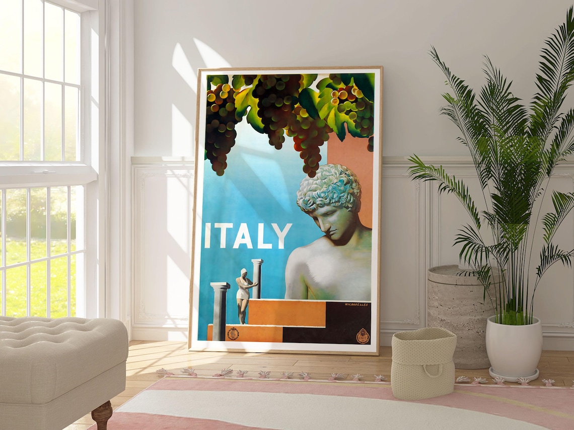 Italy Vintage Travel Poster Classical Marble Statue Vineyard Coastal View - Image 4