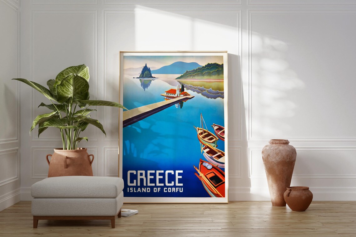 Corfu Greece Vintage Travel Poster Island Monastery Boats Blue Water - Image 2