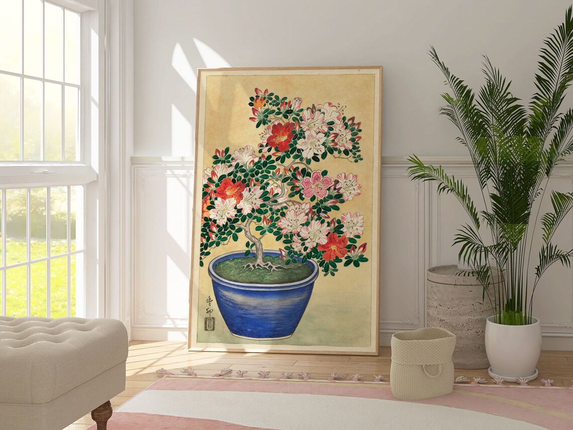 Japanese Flowering Azalea Bonsai Tree Blue Pot Vintage Botanical Print - Image 3