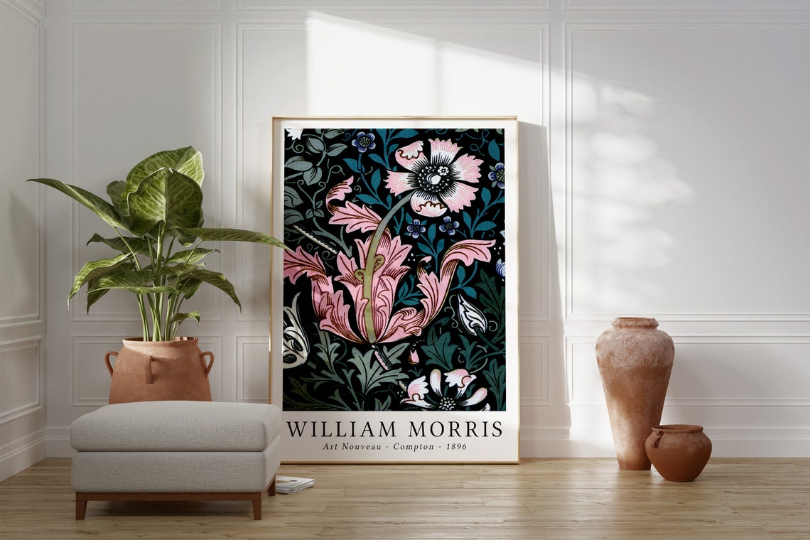 William Morris Compton 1896 Pink Floral on Black Art Nouveau Poster