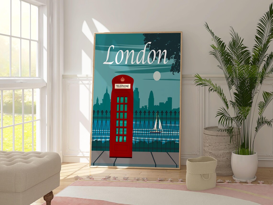 London Red Telephone Box Thames Skyline Vintage Style Travel Poster - Image 4