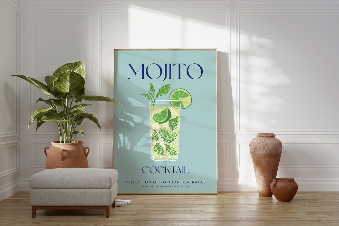 Mojito Cocktail Mint Green Illustration Classic Bar Wall Art Poster - Image 3