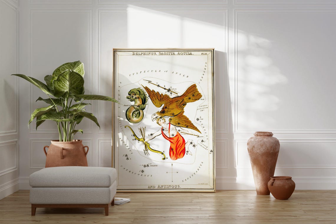Delphinus Sagitta Aquila Antinous Constellation Celestial Chart Poster - Image 2
