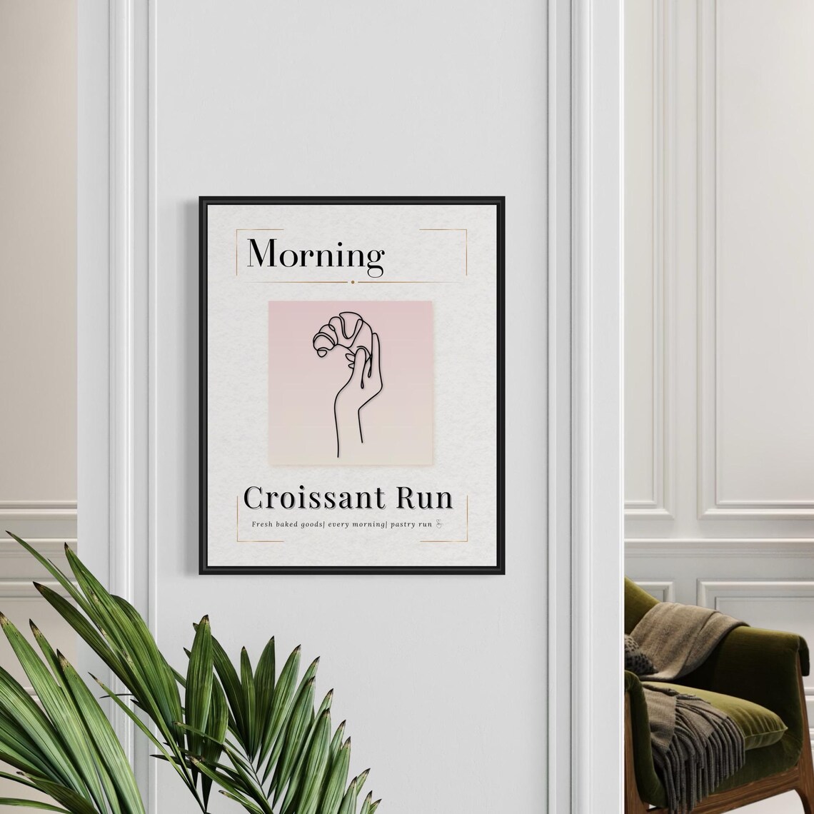 Croissant Morning Run Wall Art Elegant Parisian Morning Wall Art Minimalist Croissant Line Art Minimalist Food Art Print Pink Cafe - Image 4
