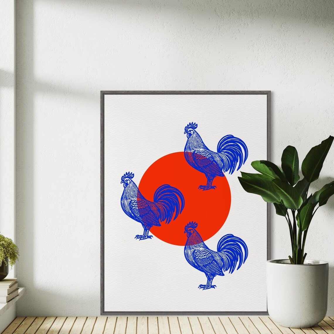 Three Blue Roosters Around Red Sun Japanese Style Animal Poster - Image 2