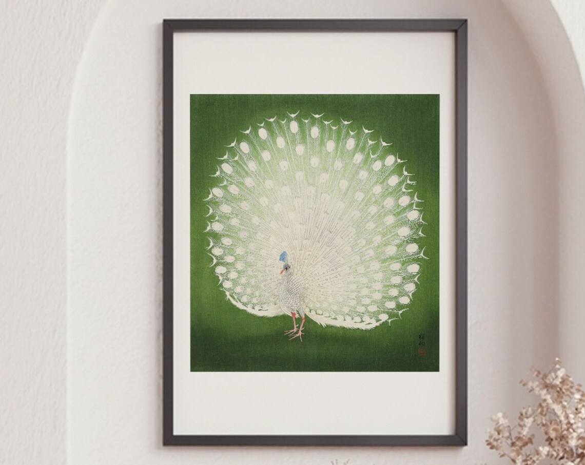 Ohara Koson White Peacock Fanned Tail Japanese Woodblock Bird Art Poster