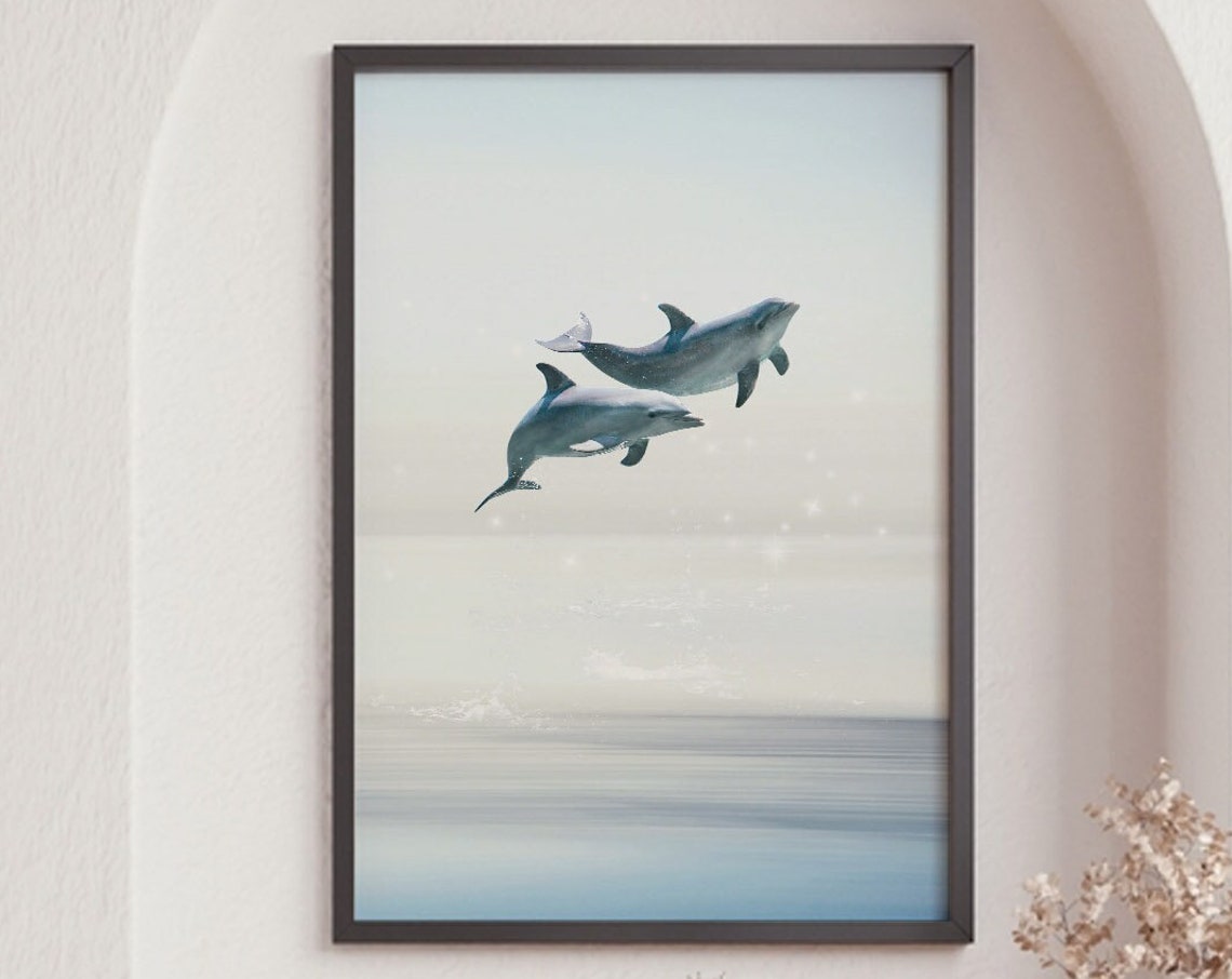 Two Dolphins Leaping Over Calm Ocean Serene Coastal Nursery Wall Print