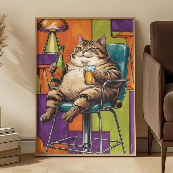 Retro Cat Poster Bar Cart Decor Funny Wine Print Mid Century Kitchen Art Chubby Wall Trendy Lover Gift