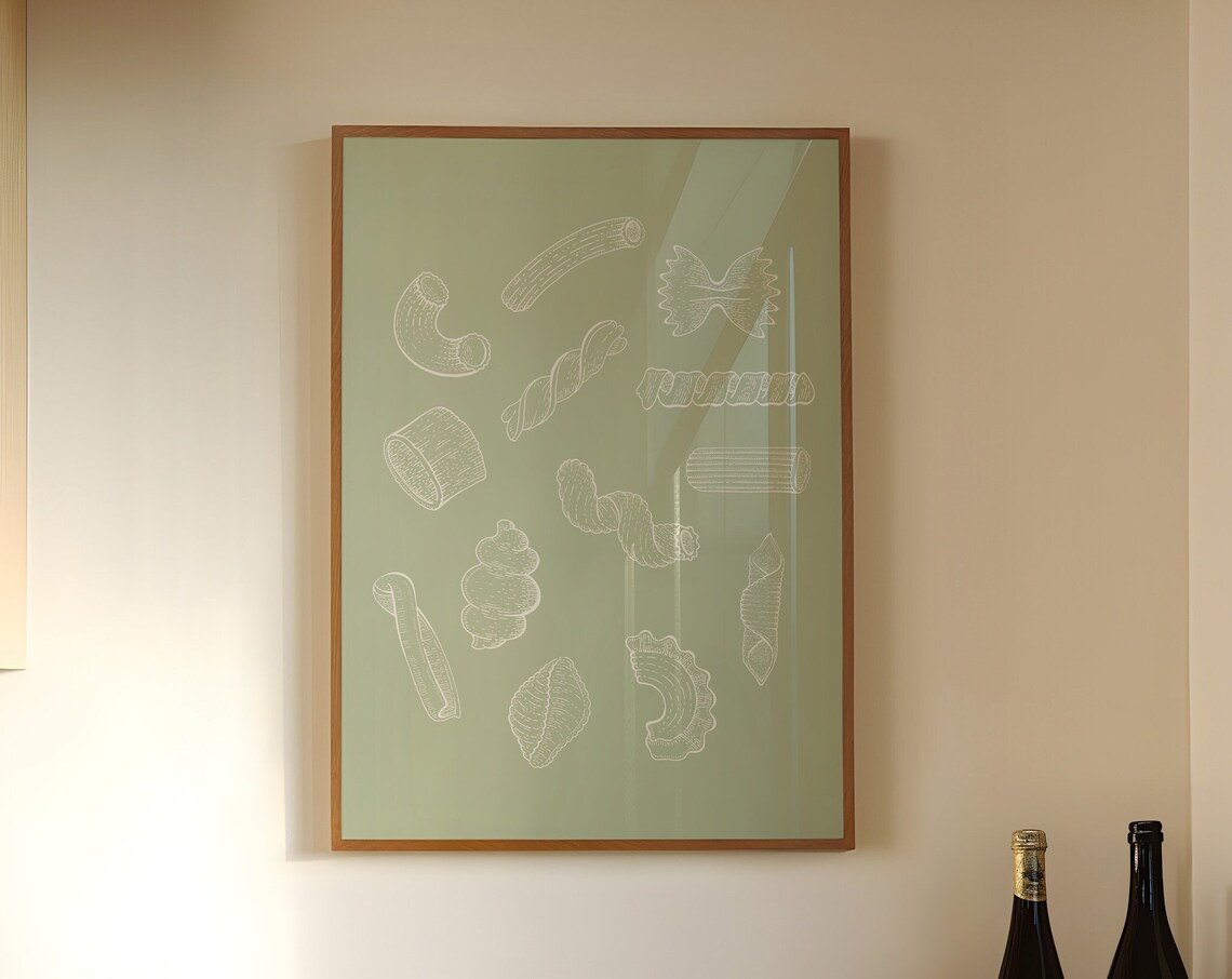 Sage Green Pasta Shapes Line Art Italian Kitchen Food Lover Poster