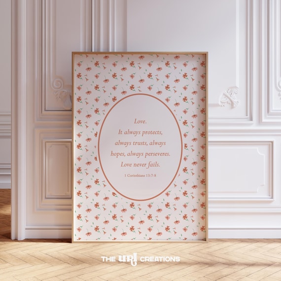 Love Never Fails Print Floral Christian Wall Art Bible Verse Coquette Home Decor 1 Corinthians 13 Scripture Poster