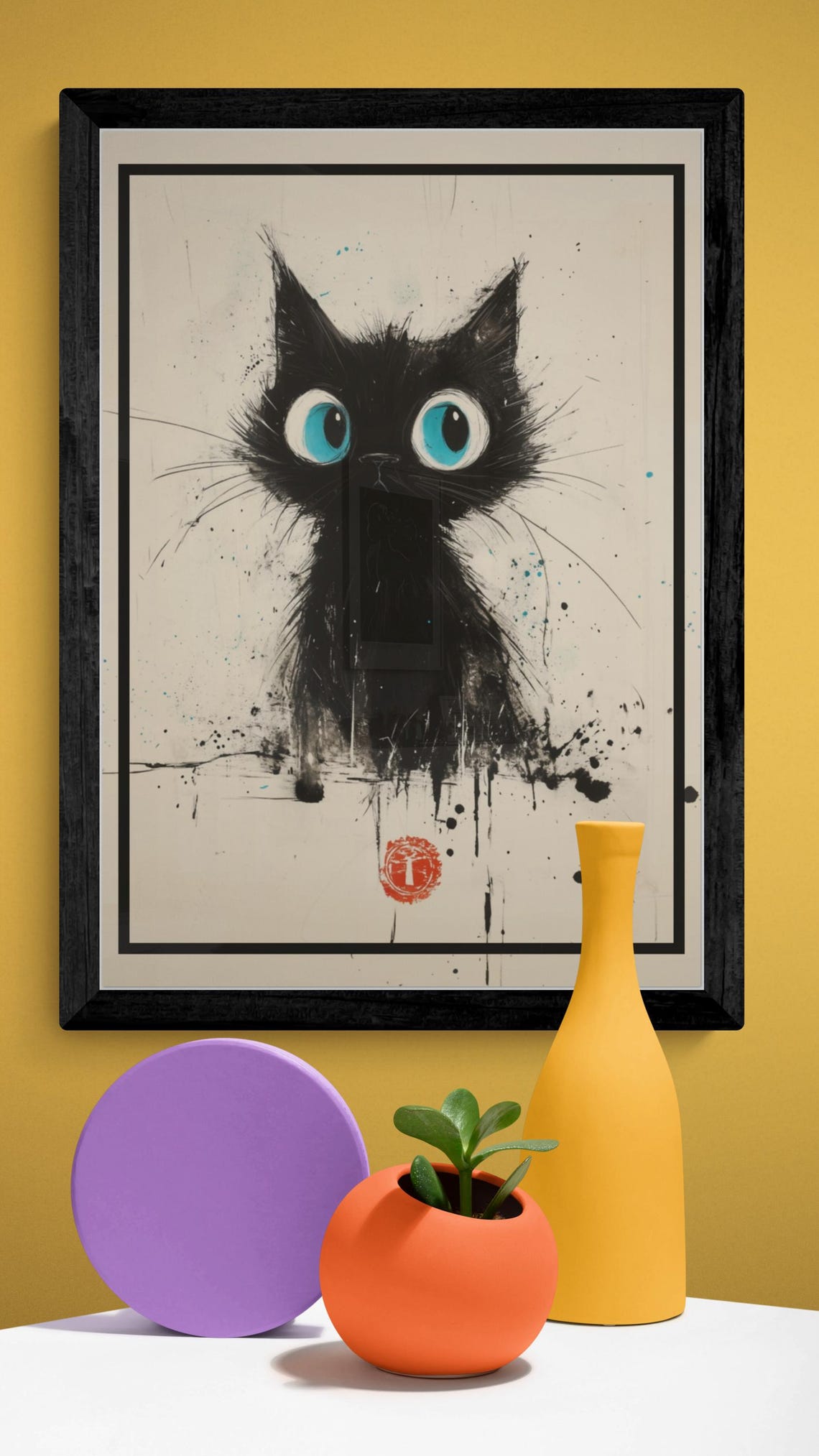Wide Eyed Black Kitten Ink Splatter Minimalist Cat Art Poster - Image 4