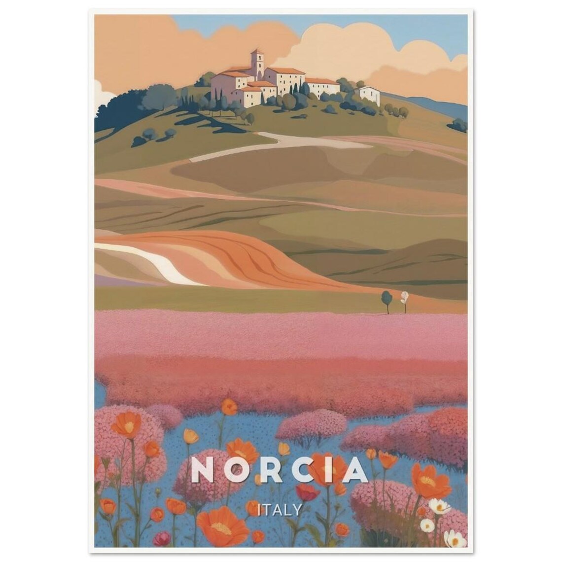 Norcia Italy Hilltop Village Wildflower Fields Umbria Hills Poster - Image 3