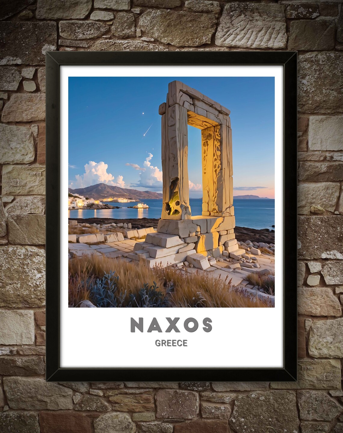 Naxos Greece Portara Ancient Marble Gate Twilight Coast Travel Poster