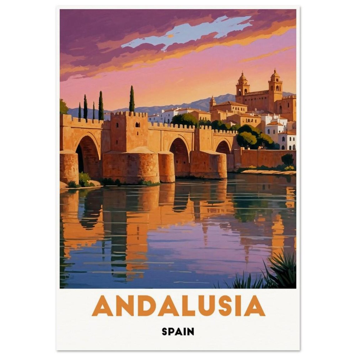 Andalusia Spain Historic Stone River Bridge At Sunset Travel Poster - Image 3