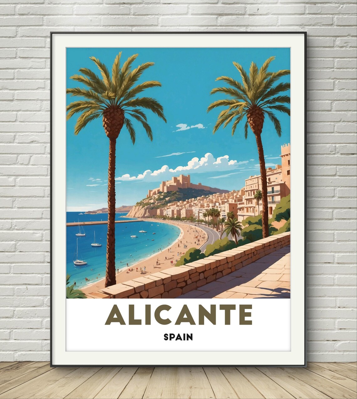 Alicante Spain Beachfront Castle Palm Trees Vintage Style Poster