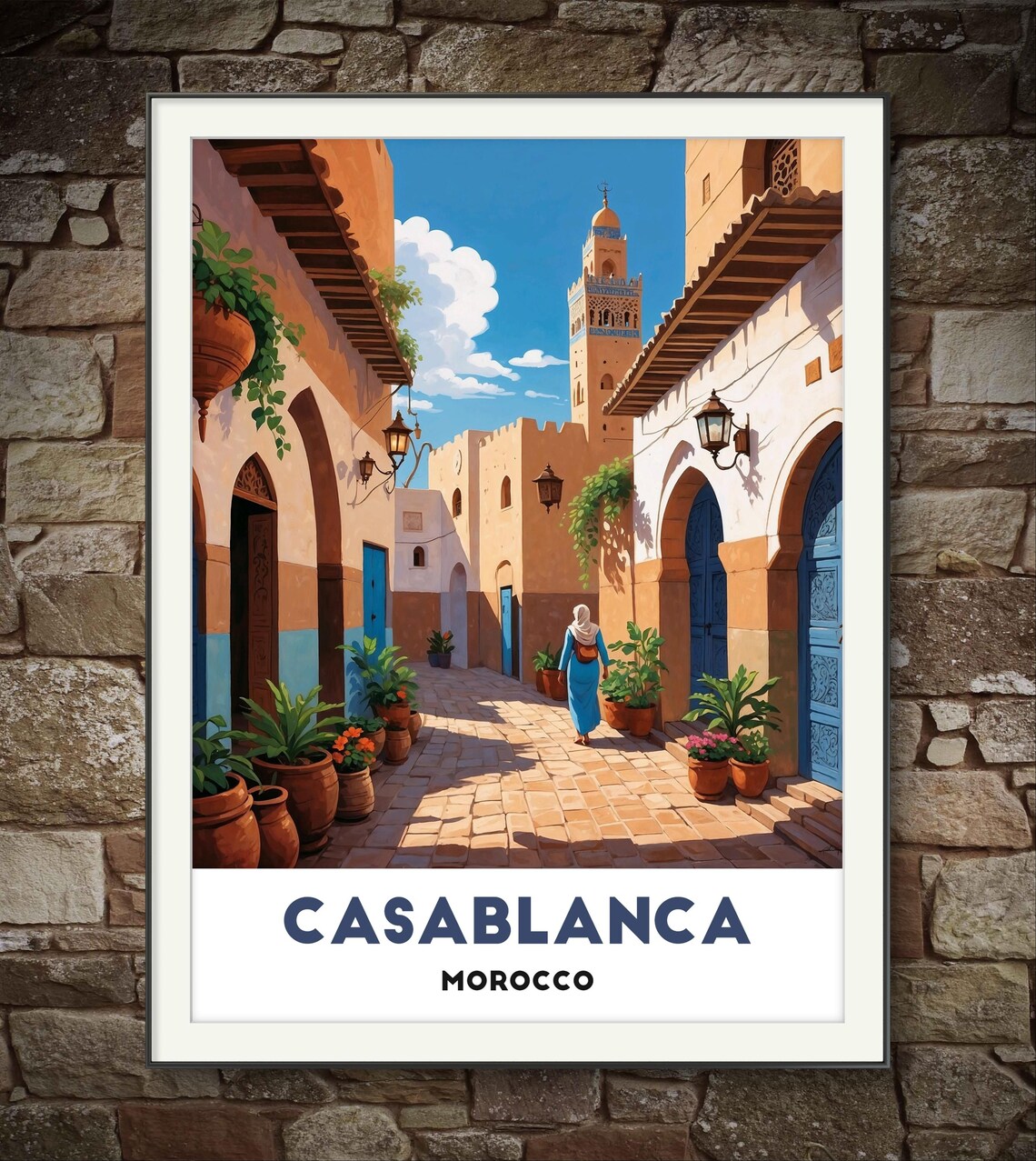 Casablanca Morocco Old Town Street Minaret Travel Art Poster