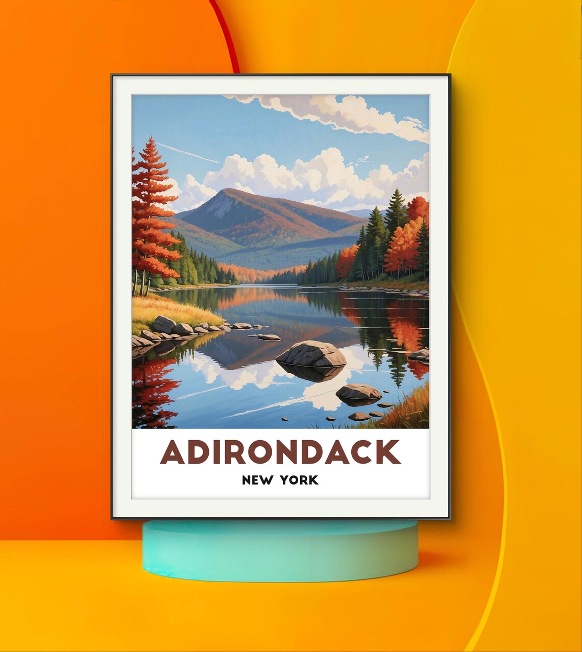 Adirondack Autumn Mountain Lake Reflection New York Travel Poster
