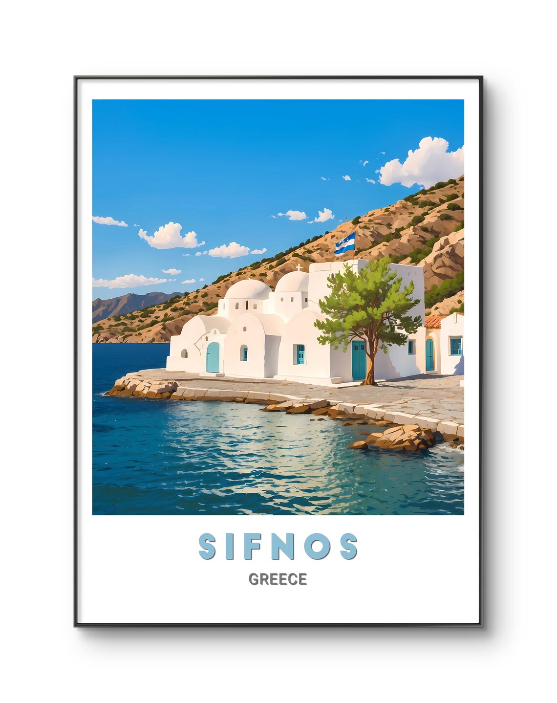 Sifnos Greece Whitewashed Church Seaside Rocky Coast Travel Poster