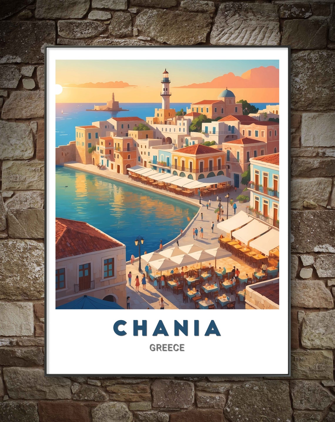 Chania Old Harbor Lighthouse Sunset Waterfront Crete Greece Poster