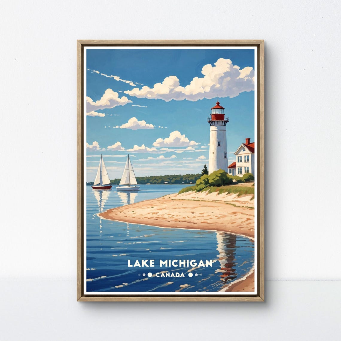 Lake Michigan Vintage Poster Canada Scenic Art Lighthouse And Sailboat Coastal Decor