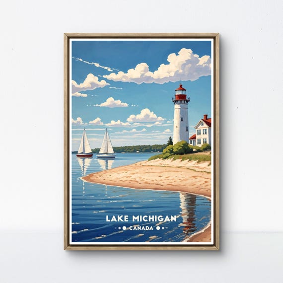 Lake Michigan Vintage Poster Canada Scenic Art Lighthouse And Sailboat Coastal Decor