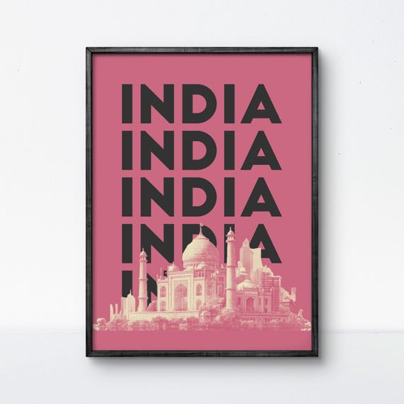 India Taj Mahal Poster Modern Travel Art Print In Bold Pink Tones