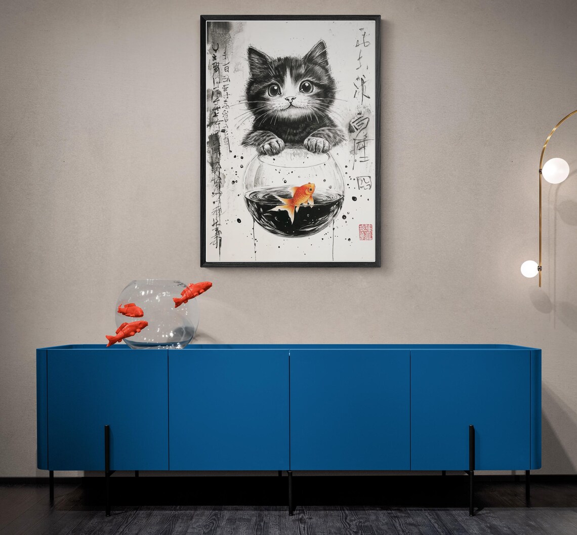 Kitten With Goldfish Bowl Japanese Ink Wash Cute Feline Poster - Image 2