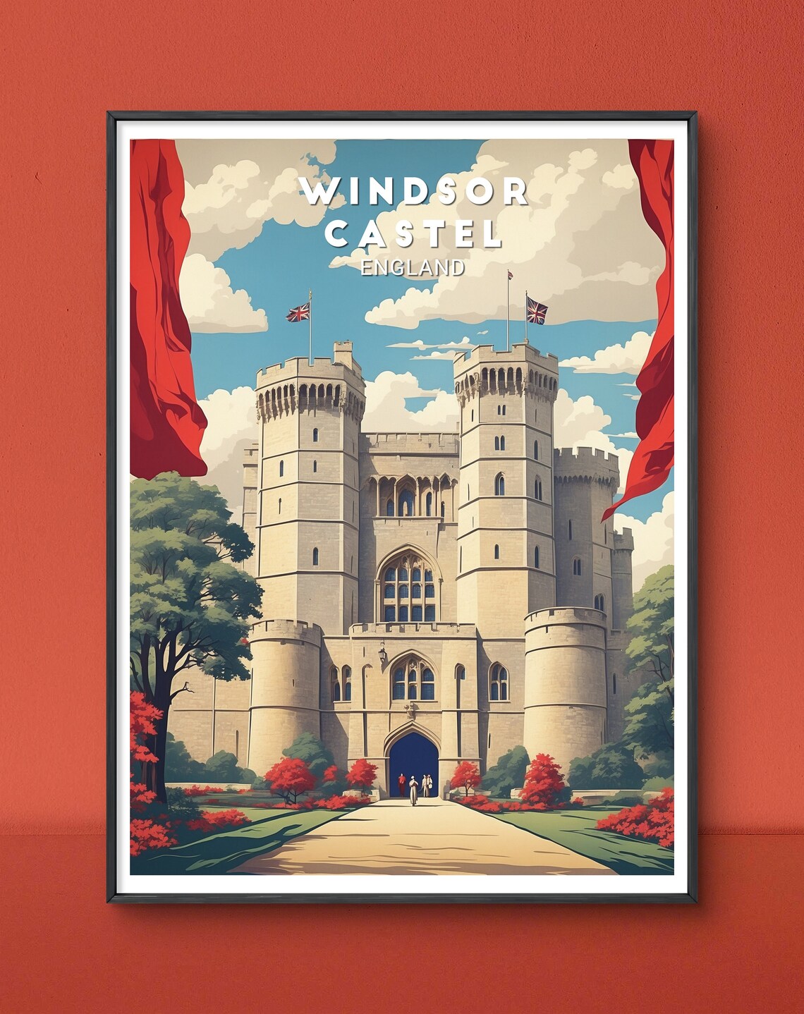 Windsor Castle England Vintage Red Banners Castle View Travel Poster - Image 2