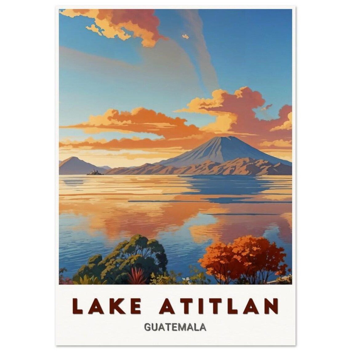 Lake Atitlan Guatemala Volcano Sunset Reflection Lake Poster