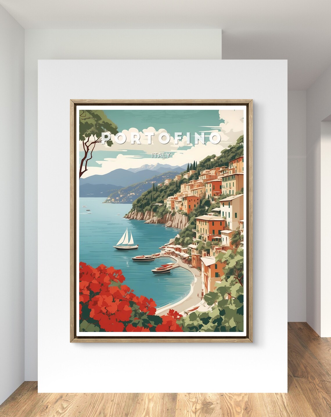 Portofino Italy Colorful Coastal Village Sailboats Red Flowers Poster