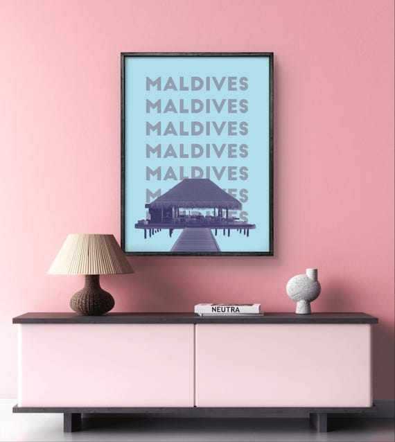 Maldives Poster Tropical Overwater Bungalow Print Island Escape Wall Art Modern Travel Poster Paradise Decor