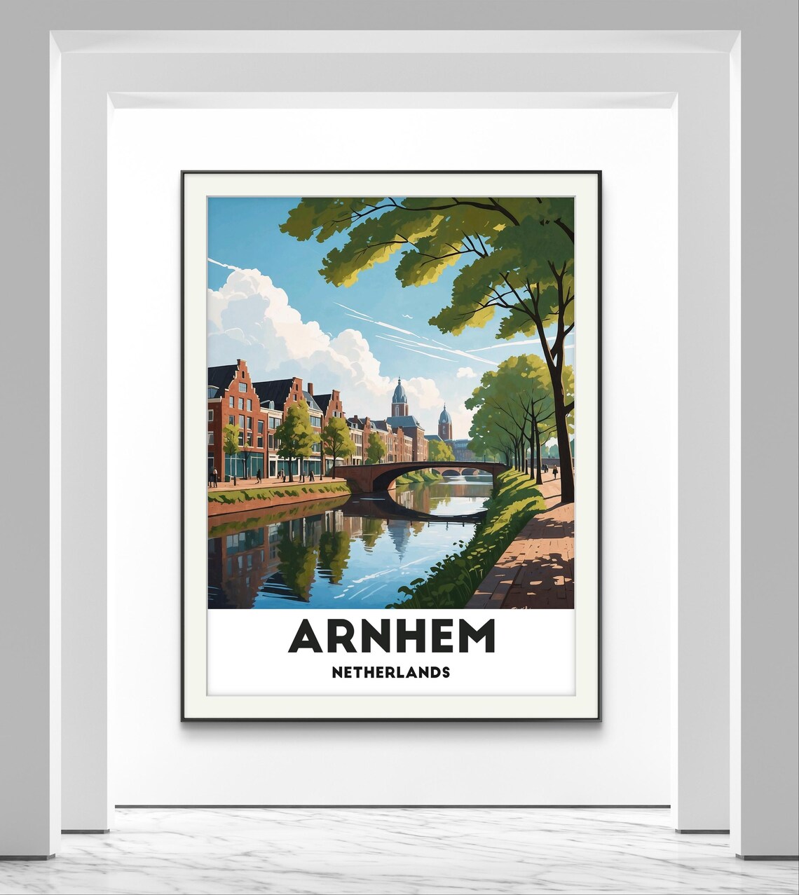 Arnhem Netherlands Canal Brick Houses Bridge Sunny Day Travel Poster - Image 3