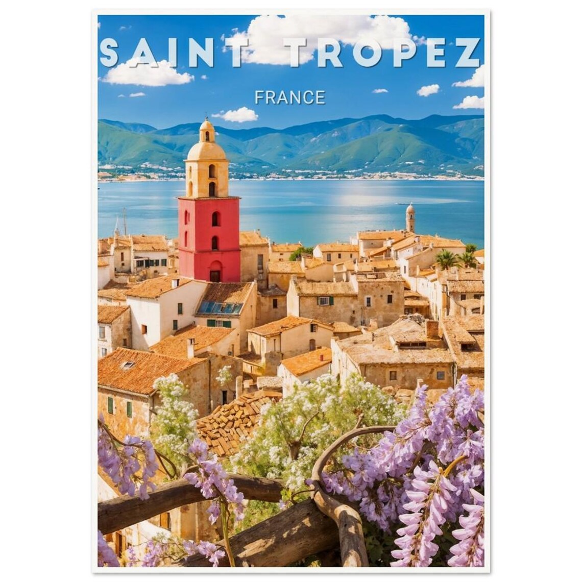 Saint Tropez Old Town Red Bell Tower Wisteria France Travel Poster