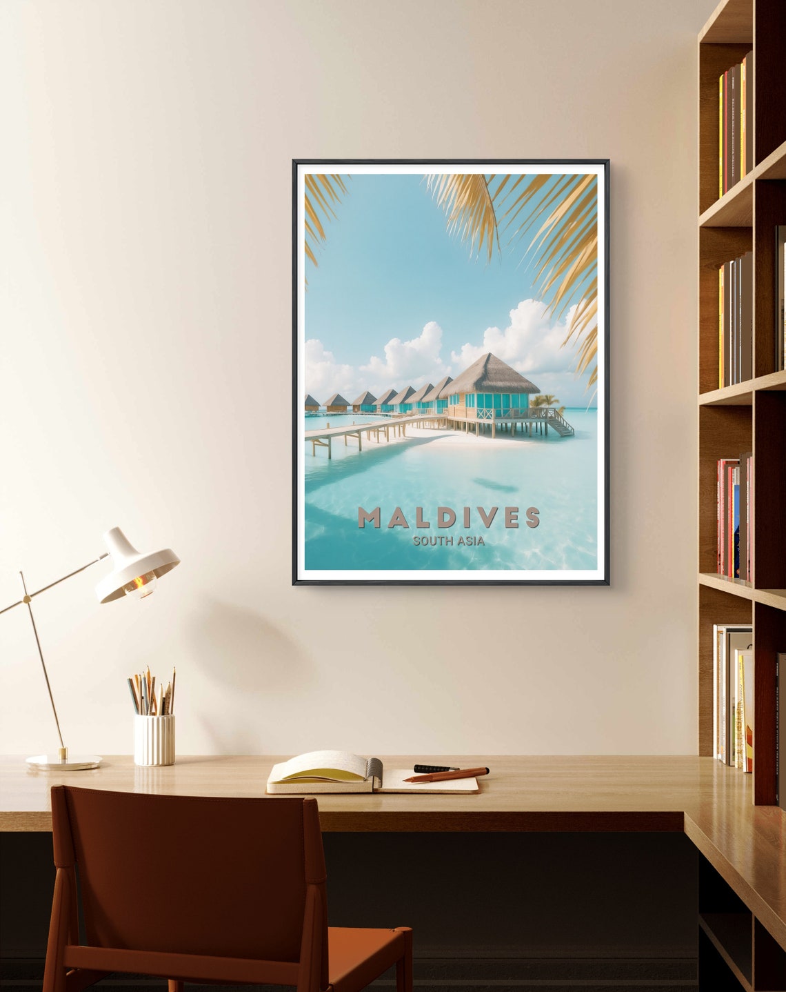 Maldives Overwater Bungalows Turquoise Lagoon Palm Fronds Poster - Image 2