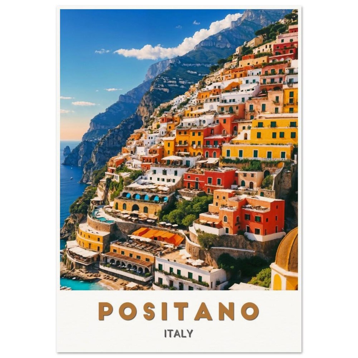 Positano Italy Colorful Cliffside Houses Sunny Coast Travel Poster