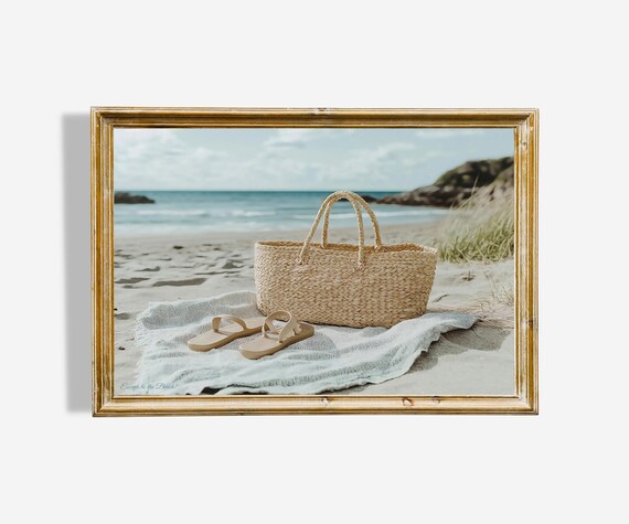 Escape to the Beach Straw Bag Flip Flops Coastal Photo Poster