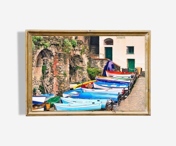 Colorful Rowboats Old Stone Harbor Wall Italy Oil Painting Poster
