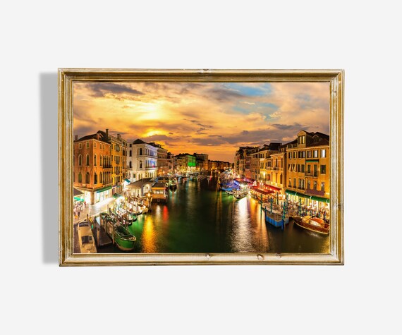 Venice Grand Canal Twilight Boats Golden Sky Oil Painting Poster