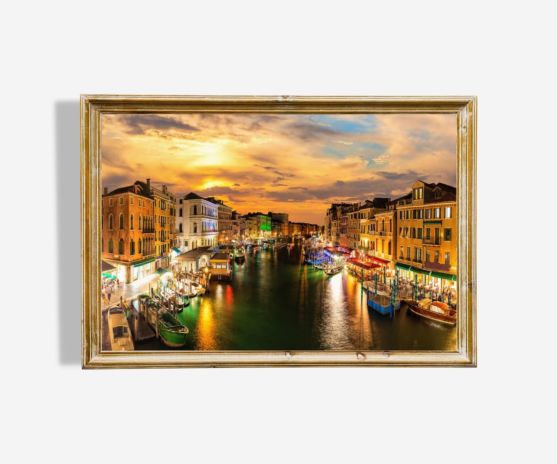 Venice Grand Canal Twilight Boats Golden Sky Oil Painting Poster