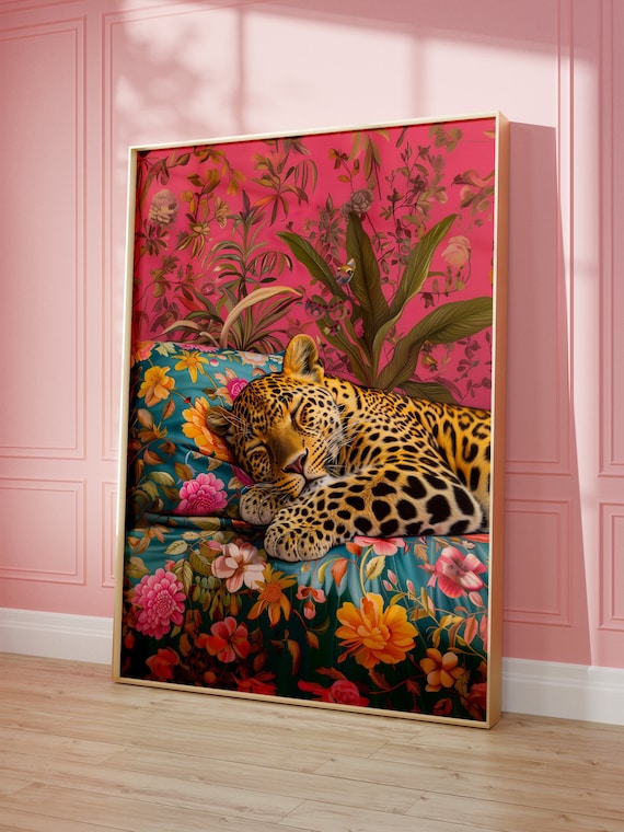 Sleeping Leopard Poster, Maximalist Oil Painting