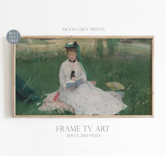 Woman Reading On The Grass, Vintage Oil Painting