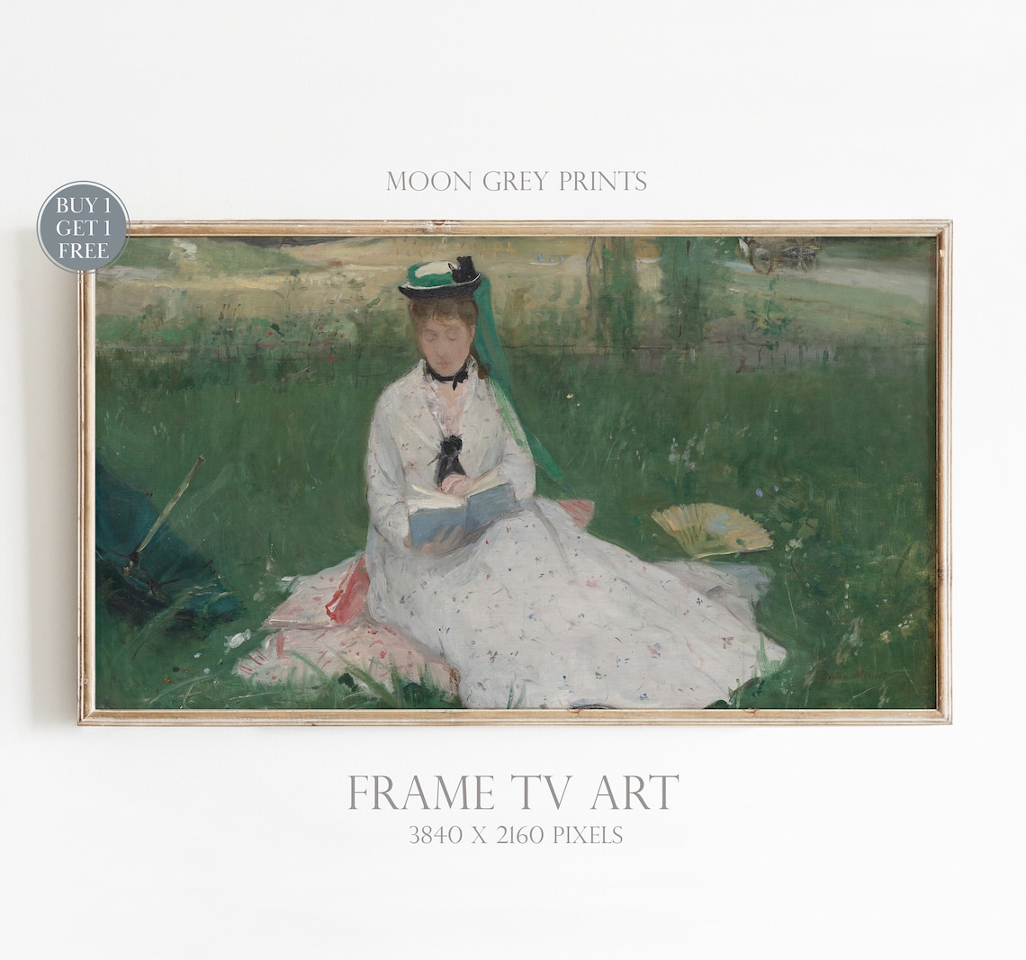 Woman Reading On The Grass, Vintage Oil Painting