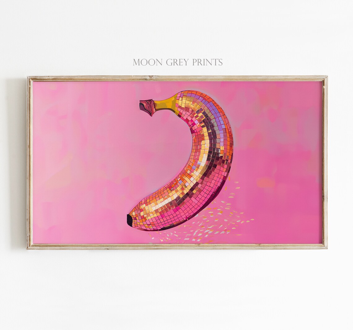 Banana Disco Ball Maximalist Painting, Pink Decor - Image 2